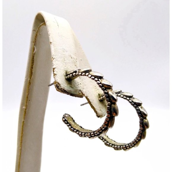 Vintage Silver Tone Hoop Earrings with Overlapping Dragon Scales Design - Picture 2 of 4